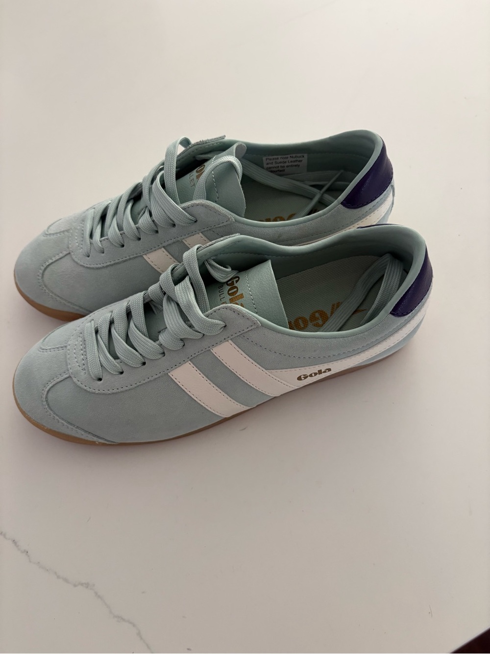 Gola Women's Light Teal Suede Sneakers with White Stripes and Purple Heel